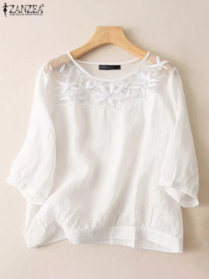 ZANZEA-Chemisier à Manches 3/4 et Col Rond pour Femme, Patchwork en Maille, Décontracté, Broderie Florale, Travail, Été