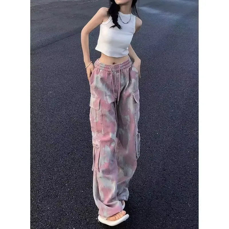 Pantalon cargo camouflage rose pour femme, jambe large, surintendant en denim Y2K, FjStreetwear, Hip Hop, femme, style safari décontracté