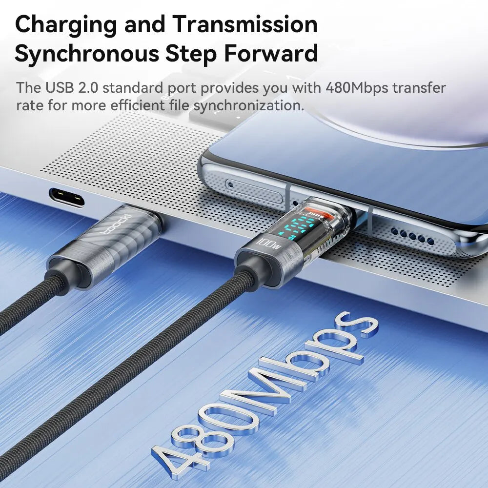 Toocki USB Type-C to Type-C Cable, 100W, PD Display, Fast Charger, Transparent Cable for Xiaomi Macbook