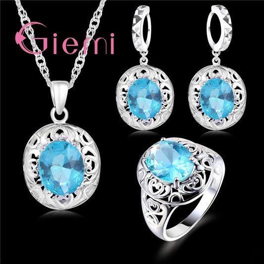 Ensemble de bijoux en argent Sterling 925, glamour, rond bleu, pierre de cristal, collier, cadeau de vacances, cérémonie, zircone cubique