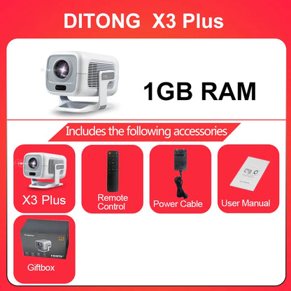 DITONG X3Plus HD projecteur natif 1080P prise en charge 4K WIFI6 BT5.4 projecteur Android mise au point automatique auto-keystone projecteur de cinéma maison