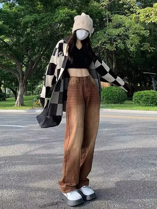 Feynzz – jean marron rétro européen et américain pour femme, pantalon taille haute, jambe droite, ample et fin, jambes larges, printemps et automne