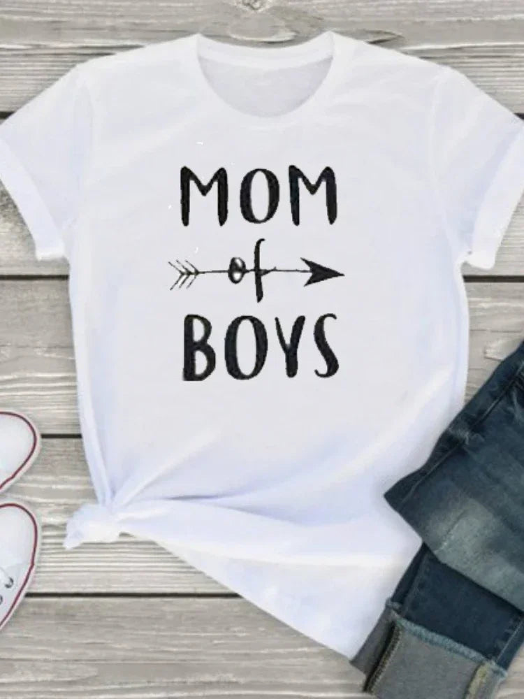 T-shirt manches courtes col rond femme, estival et avec lettres imprimées MOM OF BOYS