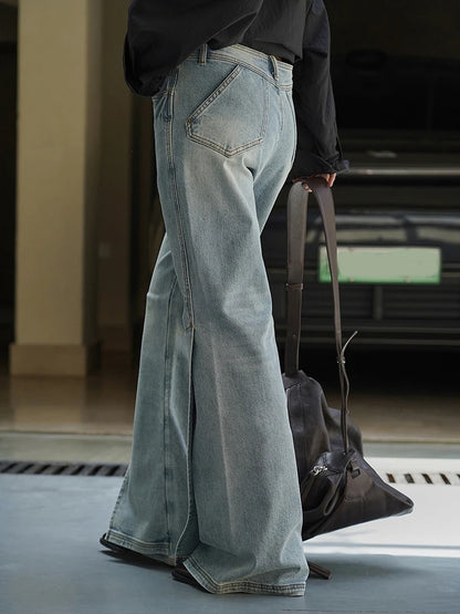 [EAM] taille haute bleu Denim fente irrégulière Vintage Long Flare jean nouvelles femmes pantalons mode marée printemps automne 2025 1DJ2961