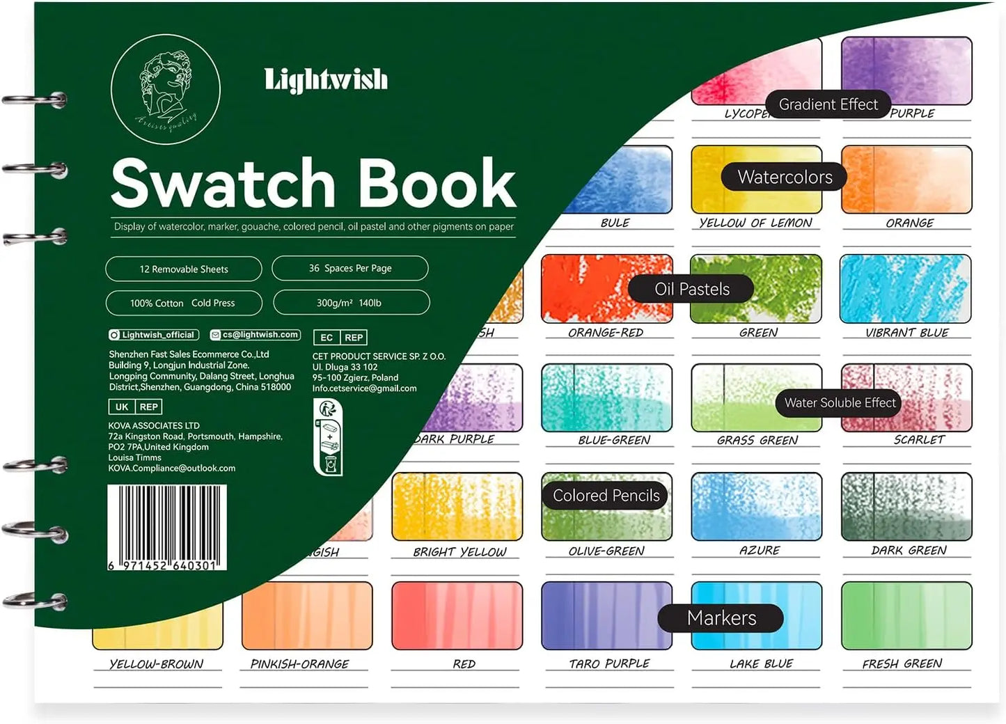 LIGHTWISH – livre d'échantillons d'aquarelle, 12 feuilles détachables 100% coton, 36 espaces, 300 g/m2/140 lb pour aquarelle, Gouache, pastels à l'huile