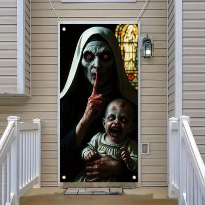 Une décoration de porte d'Halloween, un bannière terrifiuse zombie, monstres eerie, un rideau de porte d'entrée, des décorations terrificantes