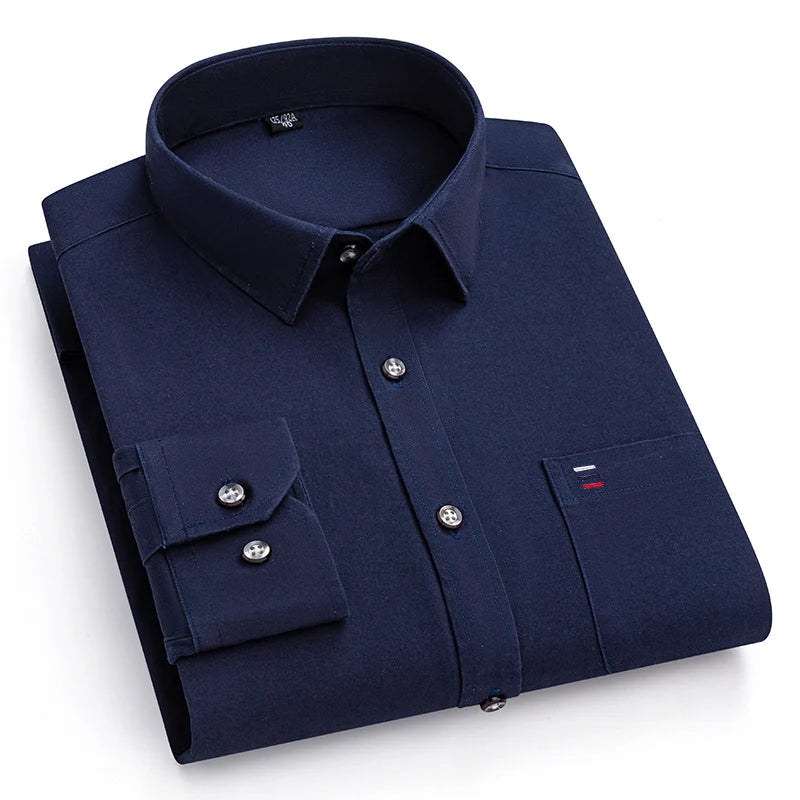 Nouveau 100% pur coton hommes chemises manches longues couleur unie doux coupe régulière chemise décontractée poche Social Blouse hommes vêtements S-7XL