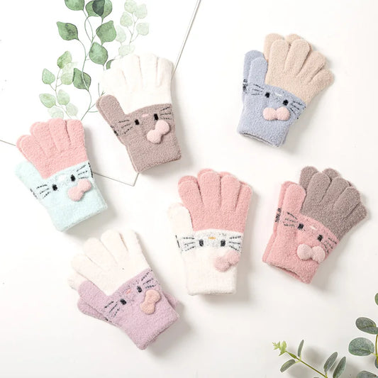 Gants d'hiver tricotés pour enfants de 3 à 10 ans, chauds et doux, en laine de lapin, dessins animés, gants pour enfants, doigt complet, mitaines pour bébés garçons et filles