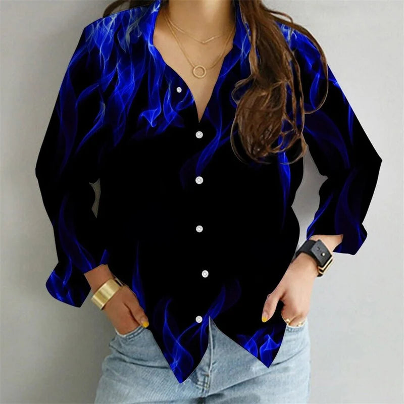 2023 Hommes Dames Hauts Couple Quotidien Flamme Décontracté Mode Rue En Plein Air Bleu Rouge Revers Bouton Chemise Haute Qualité Matériau Offre Spéciale