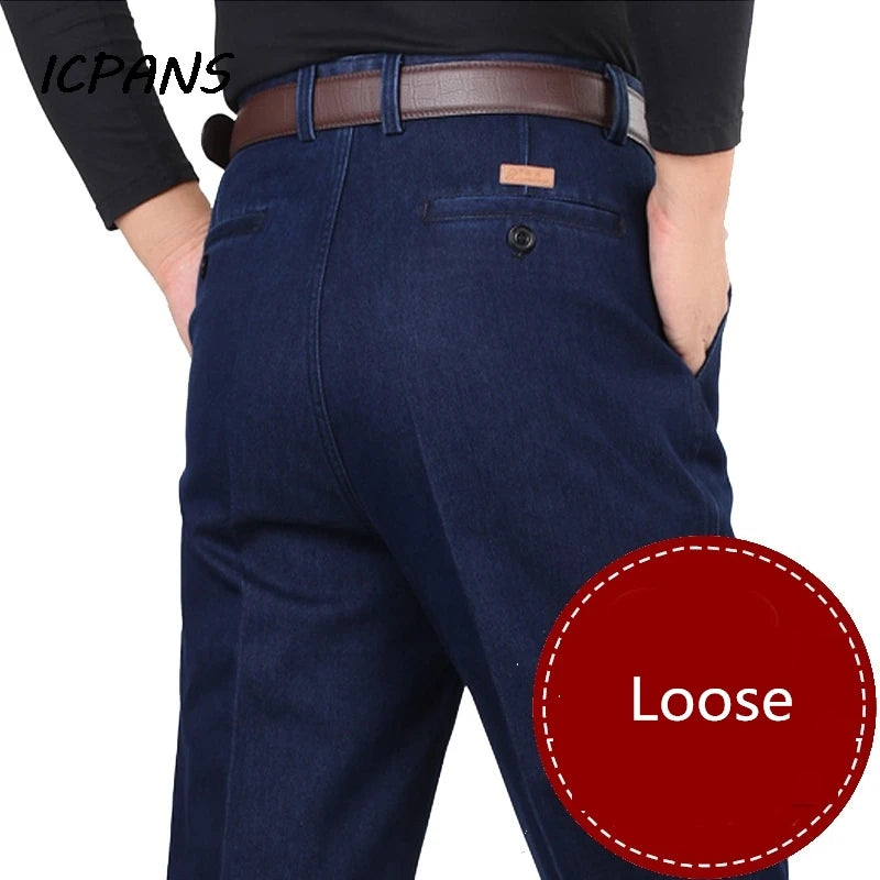 Jean en Denim taille haute pour hommes Double plissé automne printemps classique droit bleu jean hommes décontracté Broeken taille 30- 42 44 46