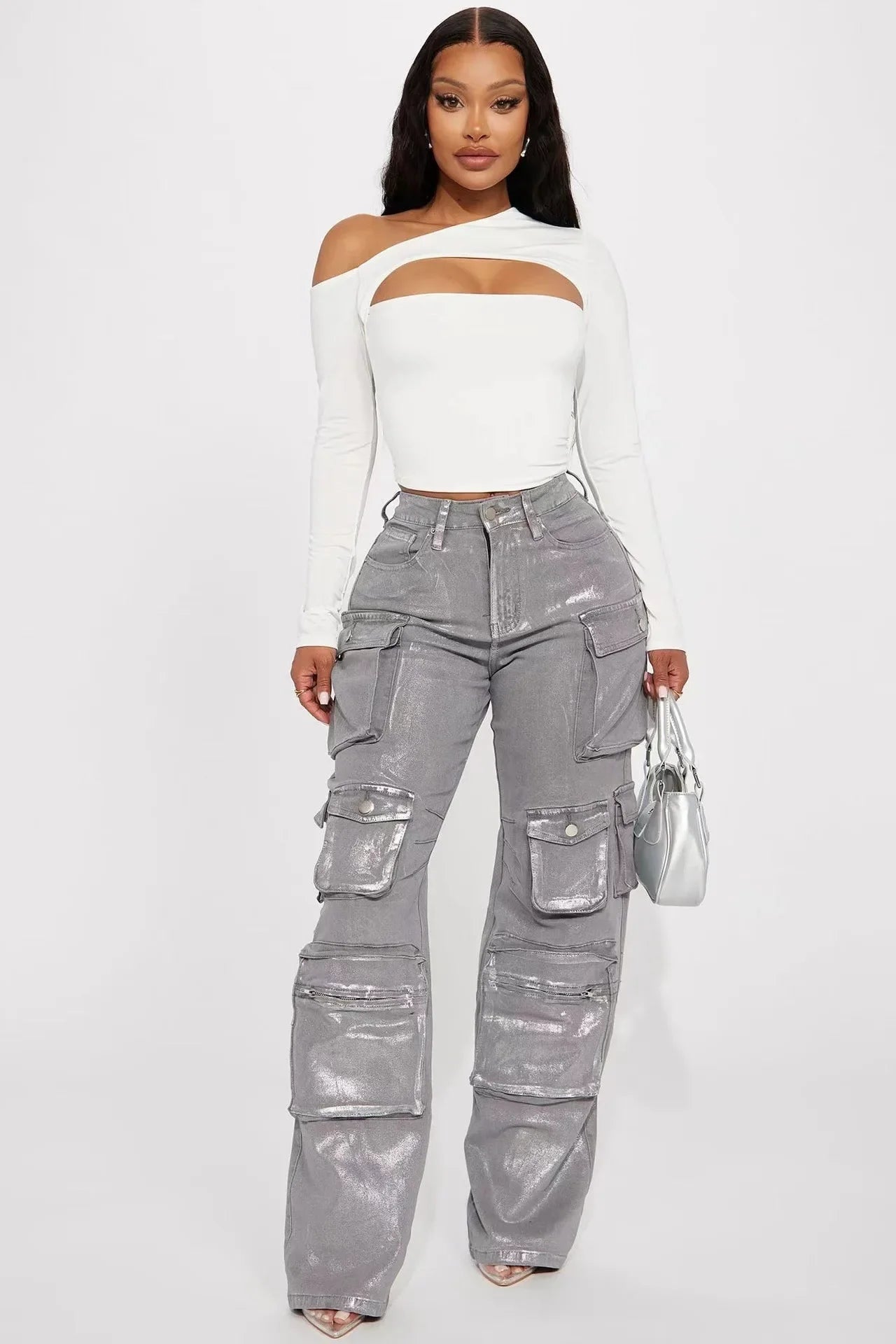 Jean Cargo en Denim pour Femme, Taille Moyenne, Délavé, Poches Multiples, Bronzé, Longueur au Sol, Streetwear, Fjm Droit, 2025