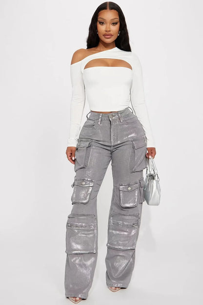 Jean Cargo en Denim pour Femme, Taille Moyenne, Délavé, Poches Multiples, Bronzé, Longueur au Sol, Streetwear, Fjm Droit, 2025