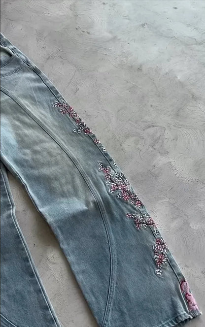 Hommes femmes cerisier fleur chevalier tout broderie Denim pantalon Y2k Vintage Baggy rue jean droit taille haute lavé bleu Jean