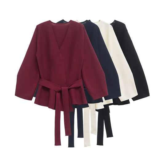 TRAFSHE printemps femmes épaulière ceinture tricot Blazer femmes rétro col en v à manches longues polyvalent femme manteau femmes vêtements 9598/128