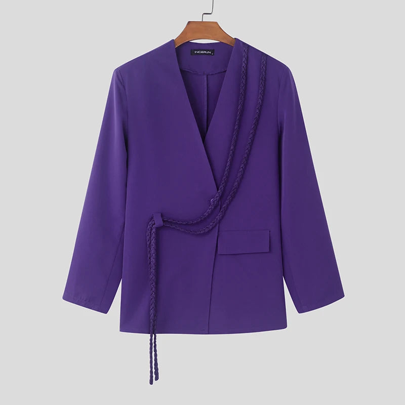 INCERUN hommes décontracté à manches longues Blazer 2025 beaux costumes de couleur unie élégant gland Streetwear mâle mince manteaux