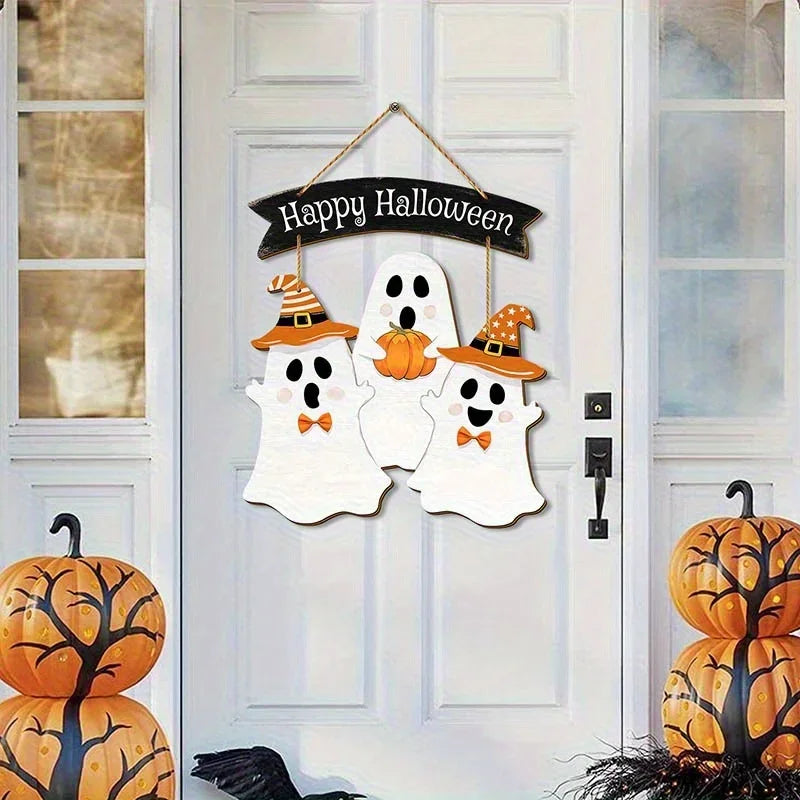 Panneau suspendu en bois pour Halloween |   Décor festif multicolore avec fantômes en costumes et motif citrouille |   Art mural de style bohème
