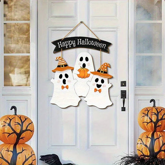 Panneau suspendu en bois pour Halloween |   Décor festif multicolore avec fantômes en costumes et motif citrouille |   Art mural de style bohème