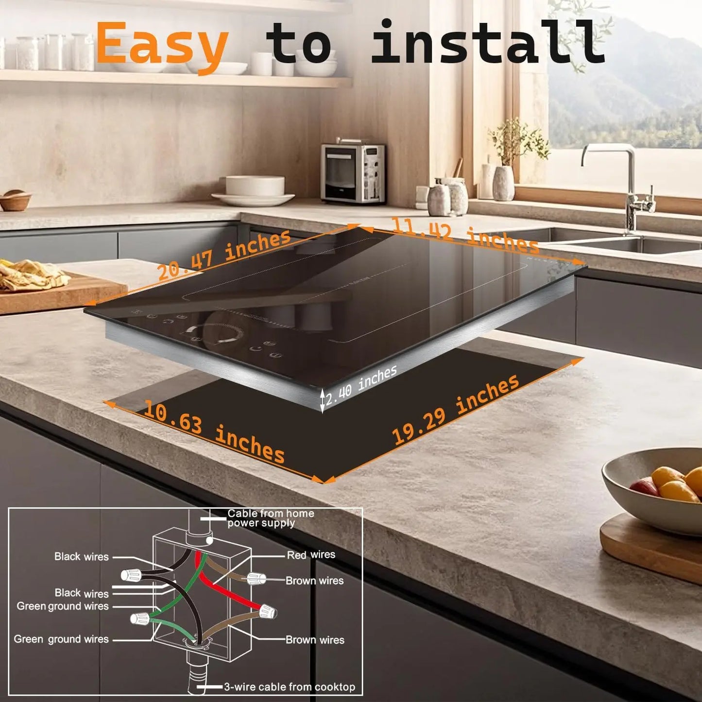 NOXTON Plaque à induction 2 feux,  Plaque de cuisson électrique encastrée, zone de gril flexible, anneau coulissant tactile, 220-240V fil rigide/prise de courant