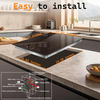 NOXTON Plaque à induction 2 feux,  Plaque de cuisson électrique encastrée, zone de gril flexible, anneau coulissant tactile, 220-240V fil rigide/prise de courant