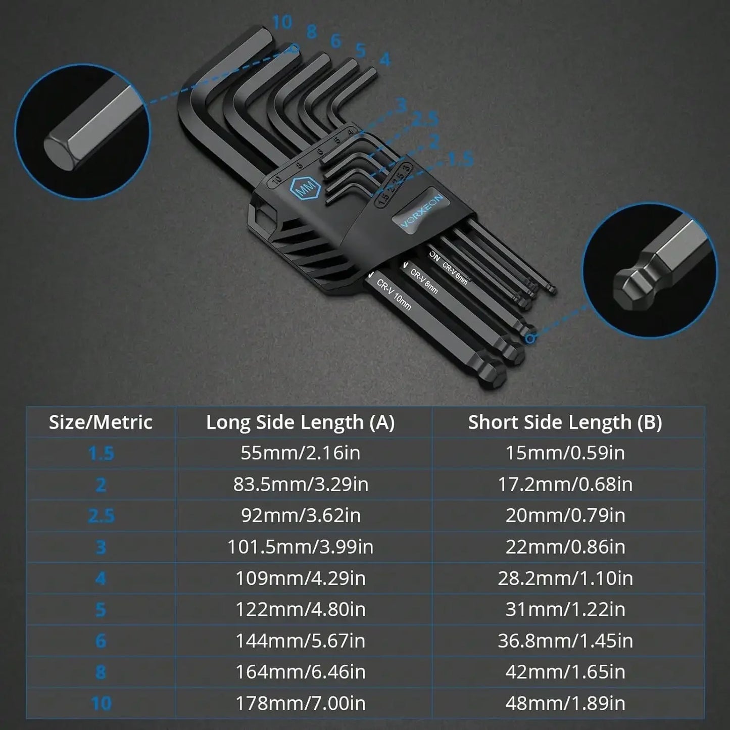 Jeu de clés Allen 6150CRV, 4 pièces, 36 pièces, extrémité sphérique longue, clé en L avec codage Visible pour vélo, réparation de meubles de Moto, bricolage domestique
