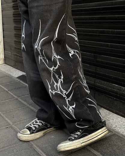 Pantalon Patch populaire avec motif d'épine imprimé, jean déchiré gothique Harajuku pour hommes et femmes, pantalon de rue taille haute Y2k à jambes larges