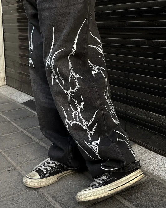 Pantalon Patch populaire avec motif d'épine imprimé, jean déchiré gothique Harajuku pour hommes et femmes, pantalon de rue taille haute Y2k à jambes larges