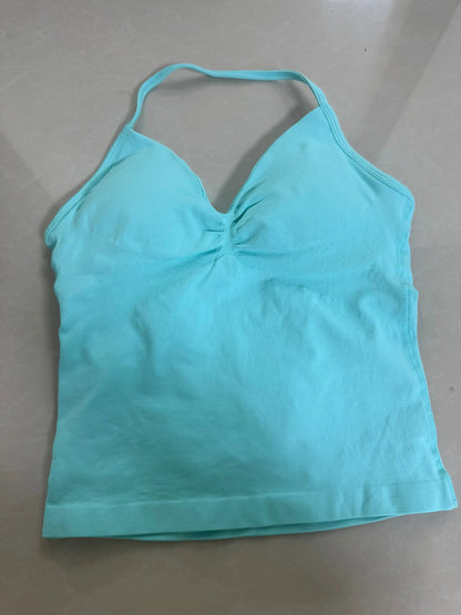 Haut de sport à bretelles palangre, dos nu, Logo personnalisé, vêtements de sport pour femmes, soutien-gorge intégré froissé avec bonnets amovibles, débardeurs de Yoga