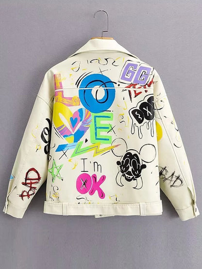 Manteau de marque en cuir PU pour femmes, veste de marque à la mode, imprimé Graffiti coloré, manteaux Punk doux, Slim Locomotive, veste courte, haut en cuir