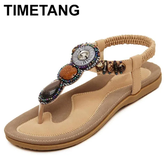 TIMETANG – sandales taille Plus 35-42, tongs en PU pour femmes, chaussures décontractées, perles, bande élastique, à la mode