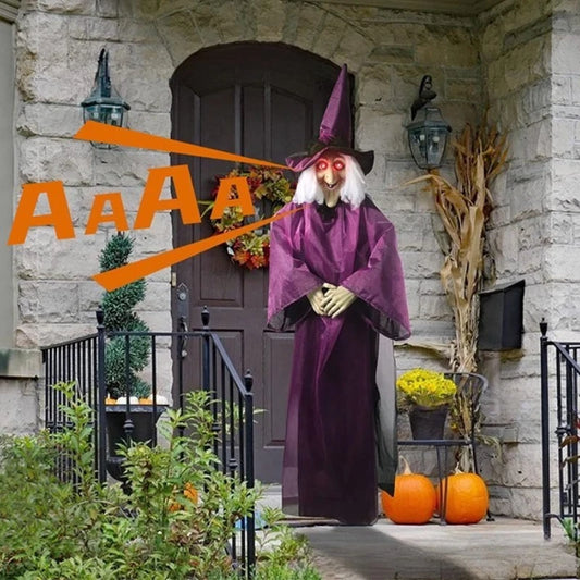 Décor de sorcière suspendu pour Halloween, squelette avec son, yeux rouges brillants, sorcière parlante effrayante, décorations d'halloween, accessoires de maison hantée