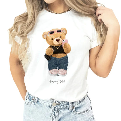 T-shirt imprimé ours en peluche pour femme, haut décontracté à col rond, t-shirts graphiques, vêtements d'été sympas