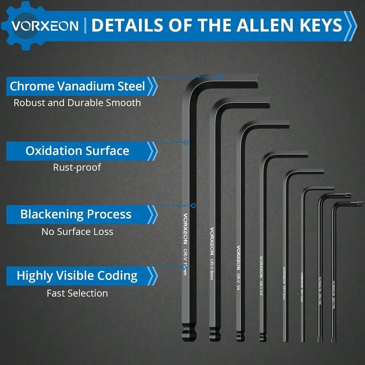 Jeu de clés Allen 6150CRV, 4 pièces, 36 pièces, extrémité sphérique longue, clé en L avec codage Visible pour vélo, réparation de meubles de Moto, bricolage domestique