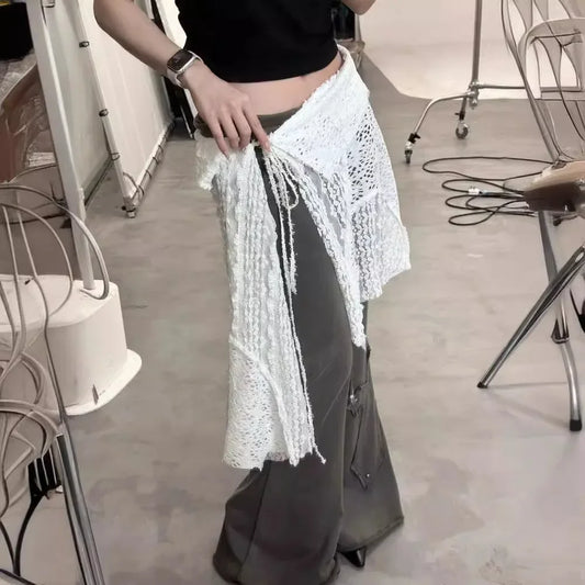 Jupe pliable à lacets pour fille épicée, blanche, romantique, rue, bord de fleur en dentelle creuse avec tablier, nouvelle collection 2024