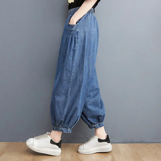 Jean Vintage en Denim pour Femme, Couleur Unie, Mode d'Été, Taille artificiel astique, Baggy, Style Japonais, Longueur de Rinçage, Harem fjgy