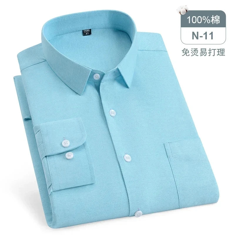 Chemise Oxford rayée à carreaux pour hommes, chemise sociale à manches longues, chemises de travail décontractées, poche, pur coton, qualité, S- 7XL, 8XL, 100%