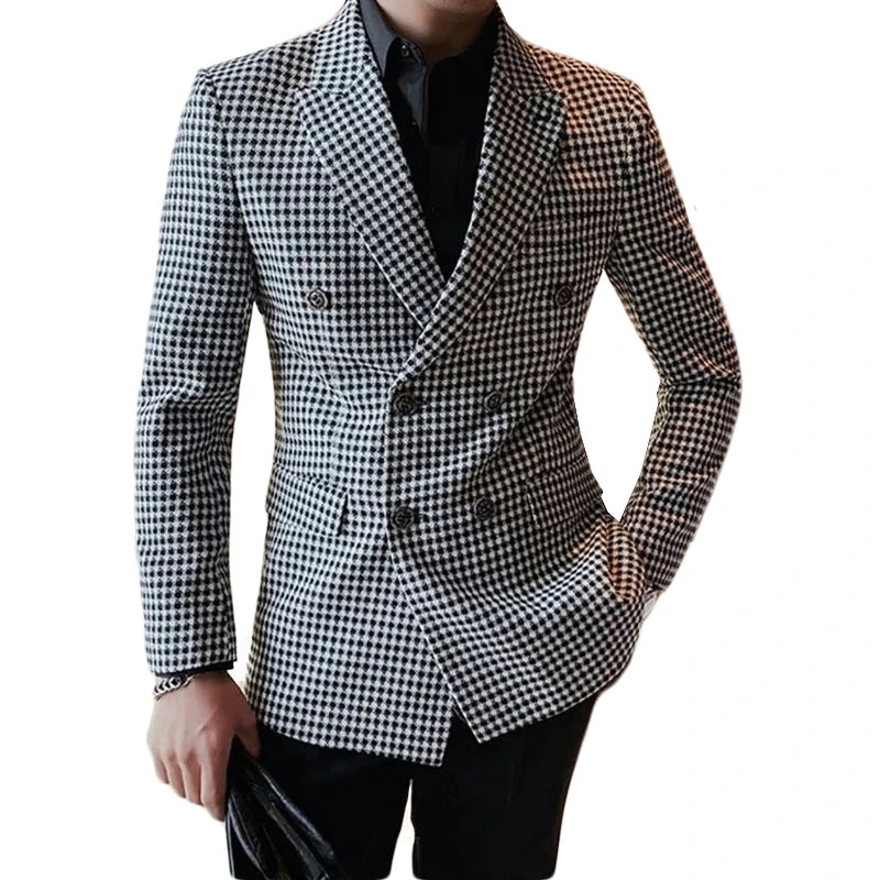 Costumes à carreaux à double boutonnage pour hommes, coupe couvertes, carreaux pied-de-poule, smoking de marié de mariage, olympiques de mode, veste et pantalon, 2024, 2 pièces