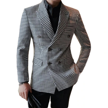Costumes à carreaux à double boutonnage pour hommes, coupe couvertes, carreaux pied-de-poule, smoking de marié de mariage, olympiques de mode, veste et pantalon, 2024, 2 pièces