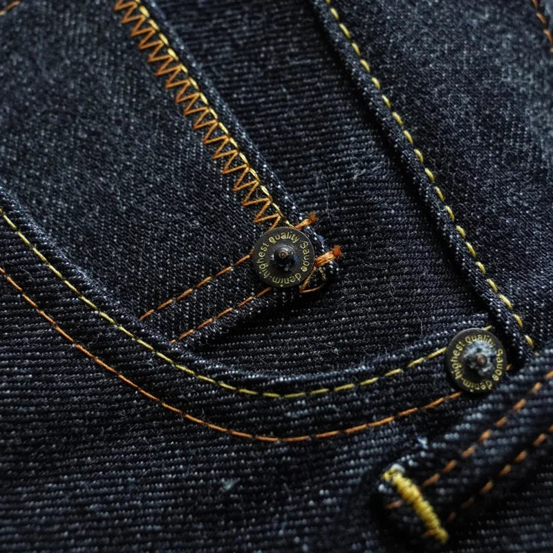 SAUCE ORIGIN 1A915-AG jean homme lisière Denim jean pour homme bouton argenté coupe conique fait à la main 15 Oz