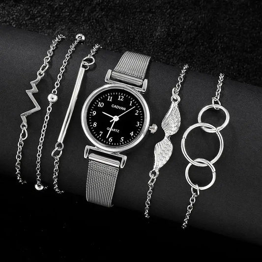 Ensemble de montres à quartz en maille argentée pour femmes, 6 pièces
