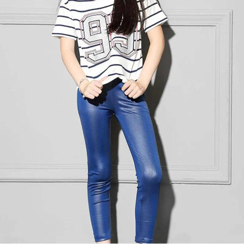 Faux cuir PU adolescents enfants enfants filles Leggings mince maigre mince Legging pour printemps automne