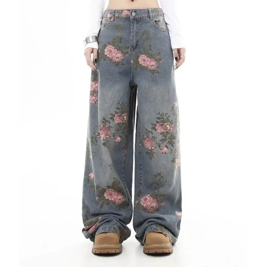 Jean Baggy à fleurs bleues pour femmes Y2K, Harajuku japonais, esthétique, taille haute, jambes larges, pantalon rétro, vêtements 2025