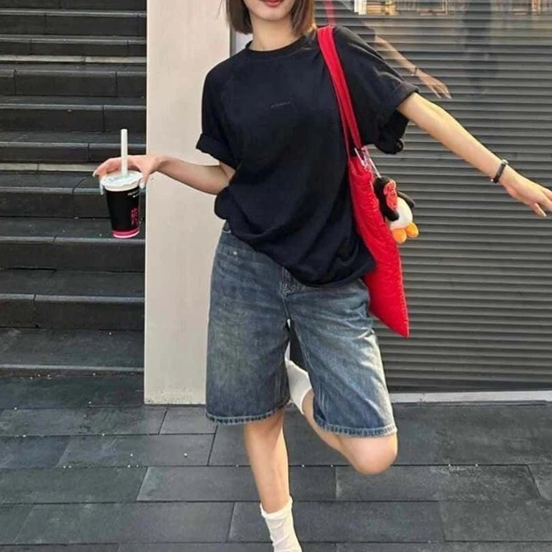 Printemps été femmes décontracté Denim Shorts mode femme jambe large jean court genou longueur Denim pantalon femmes taille haute Shorts filles