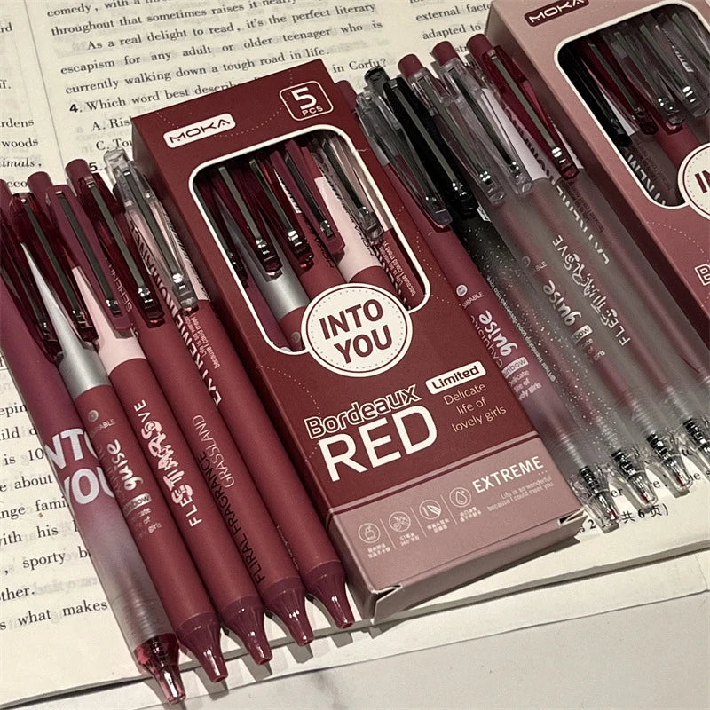 Stylo Gel rétro rouge Kawaii, 5 pièces/ensemble, stylo à encre noire,