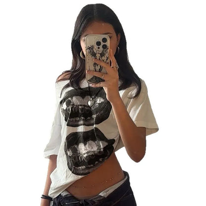 Rue hip hop style bouche impression simple épaule lâche t-shirt style décontracté été contraste couleur mince sexy hors épaule vêtements