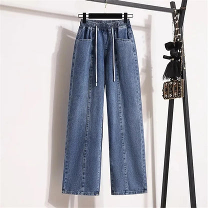 Bigsize cordon taille haute jean droit décontracté Baggy Cowboy pantalon jambe large pantalons femmes Vaqueros corée Denim pantalon