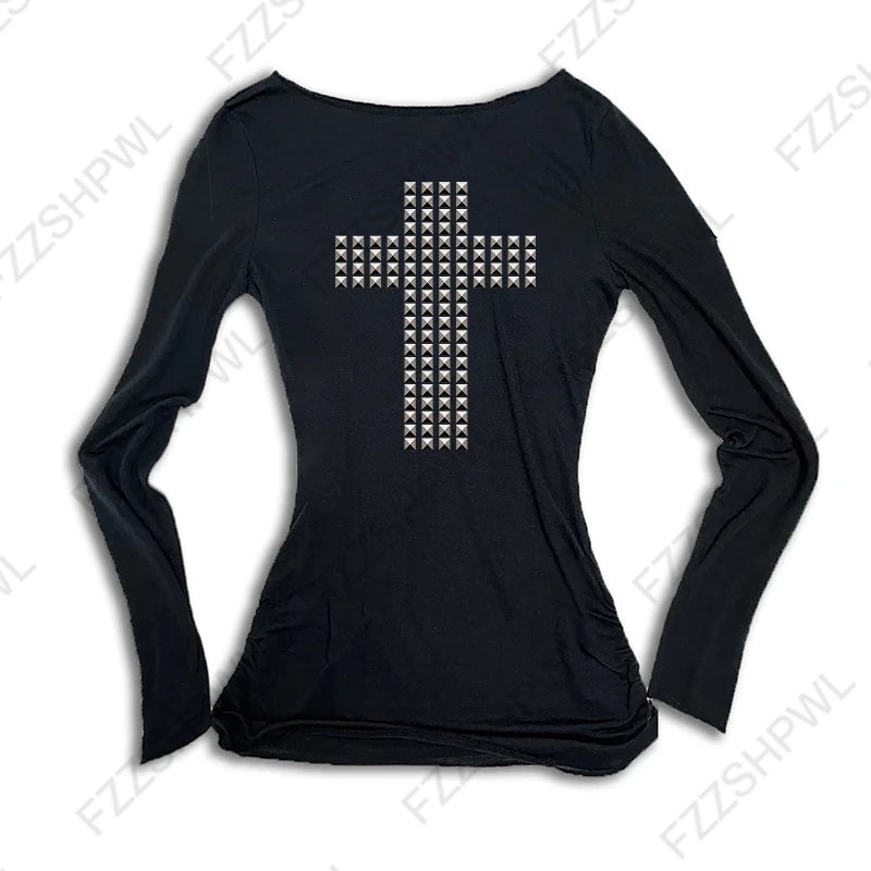 Y2K gothique esthétique femmes col incliné à manches longues T-Shirt Sexy mince Chic haut court Harajuku Rock Punk Hip Hop Hottie Streetwear