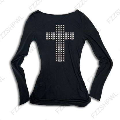 Y2K gothique esthétique femmes col incliné à manches longues T-Shirt Sexy mince Chic haut court Harajuku Rock Punk Hip Hop Hottie Streetwear