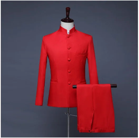 Blazer à col montant de style chinois pour hommes, couleur pure, affaires, formel, banquet de mariage, trempé, rouge, blanc, mâle, nouveau, fjj, 2 pièces