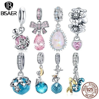 BISAER 925 argent Sterling rose bleu verre pendentif nœud perles plaqué platine pour collier et Bracelet