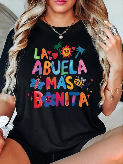 T-shirt décontracté imprimé cocotier et lettres colorées pour femmes, mélange de polyester doux, extensible, col rond, manches courtes